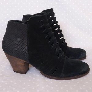 Free People Loveland Black Suede and Leather Stacked Heel Zip Up Bootie